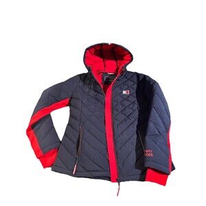 TOMMY HILFIGER Womans Lightweight Packable/Hooded/Jacket Red/Blue Medium